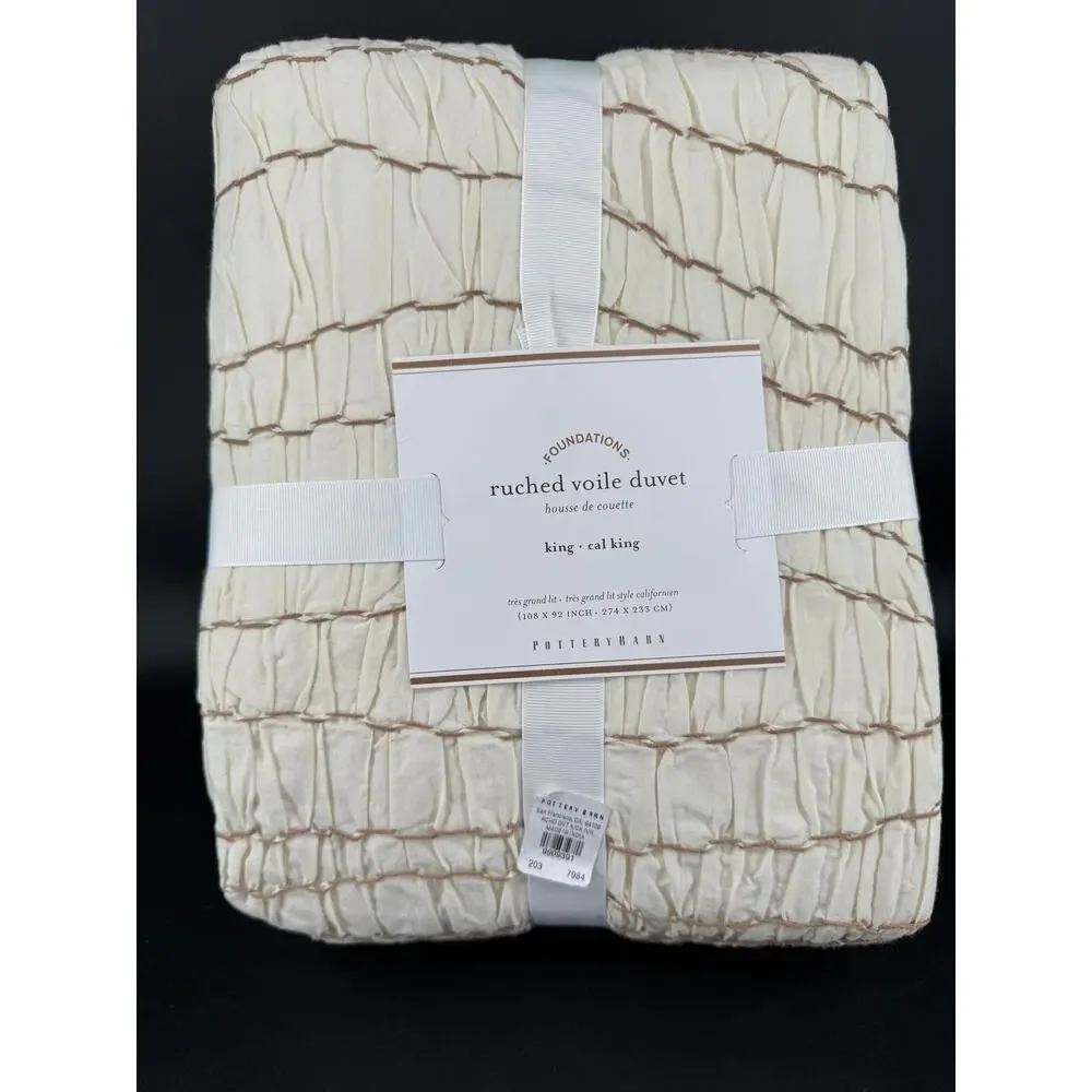 NEW Pottery Barn Ruched Voile King Cal King Duvet Cover w/ 2 Shams Ivory Cotton